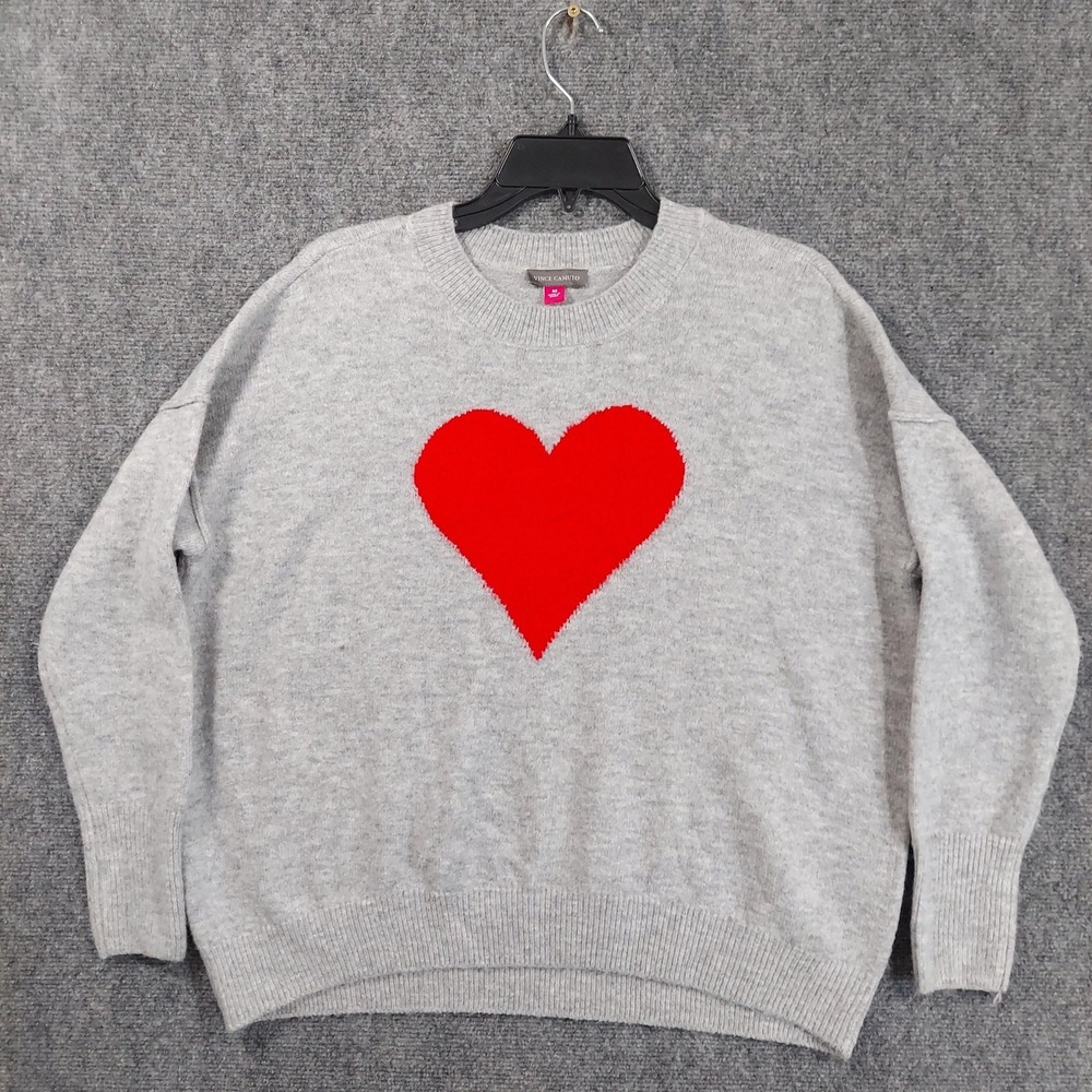 Vince Camuto Sweater Womens Medium Gray Red Heart Graphic Crew Neck Pullover